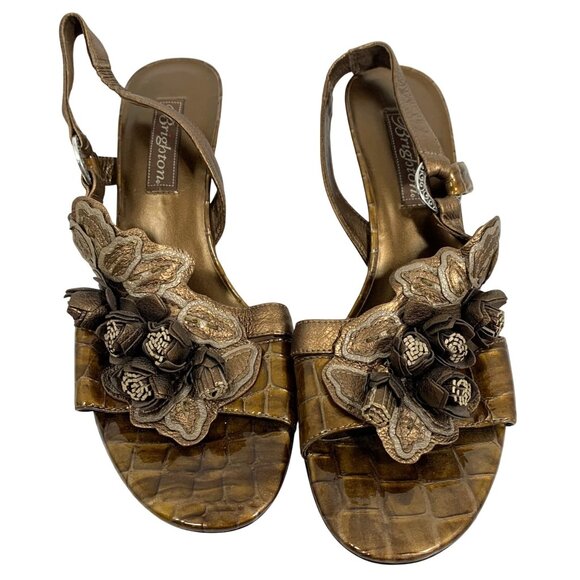 BRIGHTON Raya Bronze Floral Embellished Heeled Sandals SZ 9.5M Benchmade Brazil - Picture 2 of 8